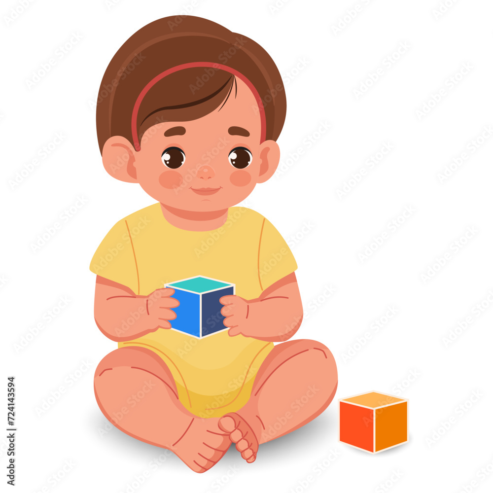 Little girl with a cube. Vector. Simple, flat, drawing. Close-up.