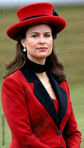 photo of beautiful lady europe woman with red coat and hat standing at garden, generative AI