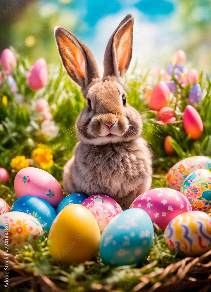Easter eggs and bunny beautiful background. Selective focus.