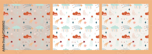 Cute set Bohemian seamless patterns with sun, rainbow, heart, clouds.