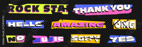 A collection of colorful words cut from newspapers, magazines, and paper. Trendy elements for collage and clip art. Vector cutouts isolated on black checkered background.