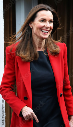 photo of beautiful happy lady europe woman with red coat and scarf standing at garden, generative AI