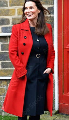 photo of beautiful happy lady europe woman with red coat and scarf standing at garden, generative AI © Flash