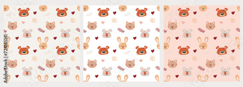 Cute set Bohemian seamless patterns with sun, rainbow, bears, stars.