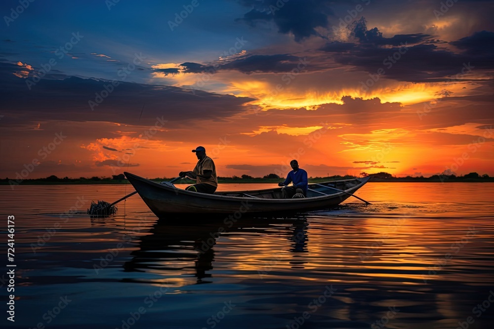 Tranquil Dawn: Fishermen at Sunrise with Beautiful Cloud Reflections and Calm Water