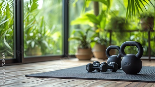 Home gym setup with kettlebells and dumbbells on yoga mat, lush garden view photo