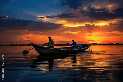 Tranquil Dawn: Fishermen at Sunrise with Beautiful Cloud Reflections and Calm Water