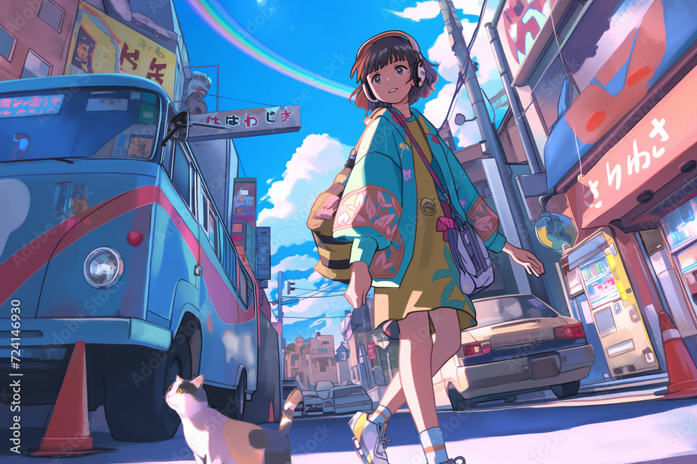 Obraz premium A girl walking on the streets of Harajuku, listening to music with stylish headphones 80s anime rainbow retro fashion
