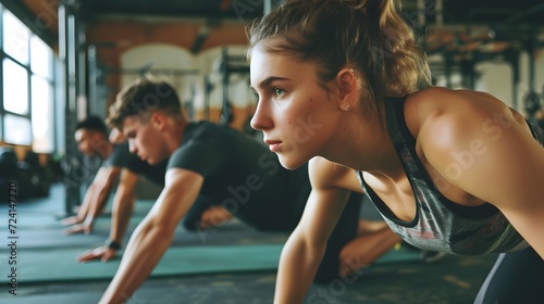 Attractive young woman doing plank exercises at the gym