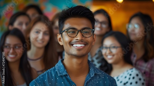 A young Indian male groom ready for his wedding surrounded by his family photo
