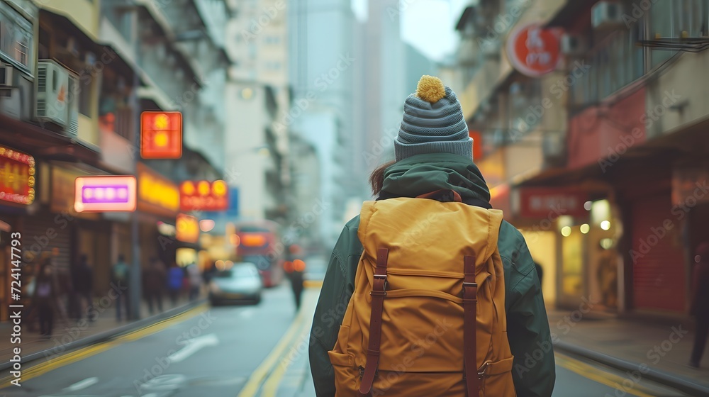 Young tourist wearing a ruck sack wanders round the city streets Young tourist wearing a ruck sack wanders round the city streets