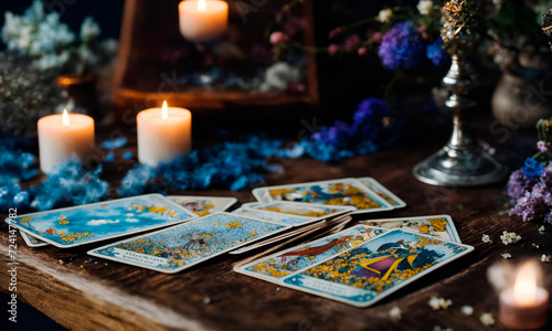 Accessories and candles for fortune telling on the table. Selective focus.