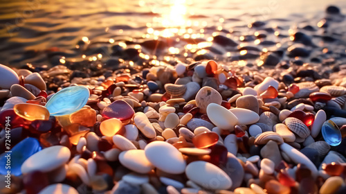 Fototapeta Naklejka Na Ścianę i Meble -  Experience the simplicity of a pebble beach against the backdrop of a clear blue sky.