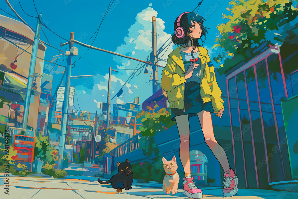 A girl walking on the streets of Harajuku, listening to music with stylish headphones 80s anime rainbow retro fashion	
