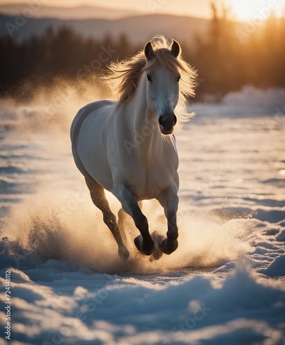 wild horse running on ice to the camera, warm light
 photo