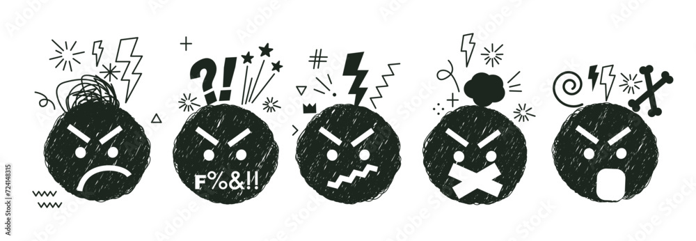 Swearing hand drawn emoji icon collection. A set with scribble vector angry faces, objects, effects. Swear words. Harsh mood. Negative thinking concept on white background Swearing hand drawn emoji icon collection. A set with scribble vector angry faces, objects, effects. Swear words. Harsh mood. Negative thinking concept on white background