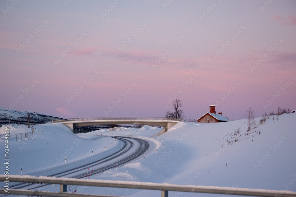 Obraz premium Winter landscape at sunset in Swedish Lapland.