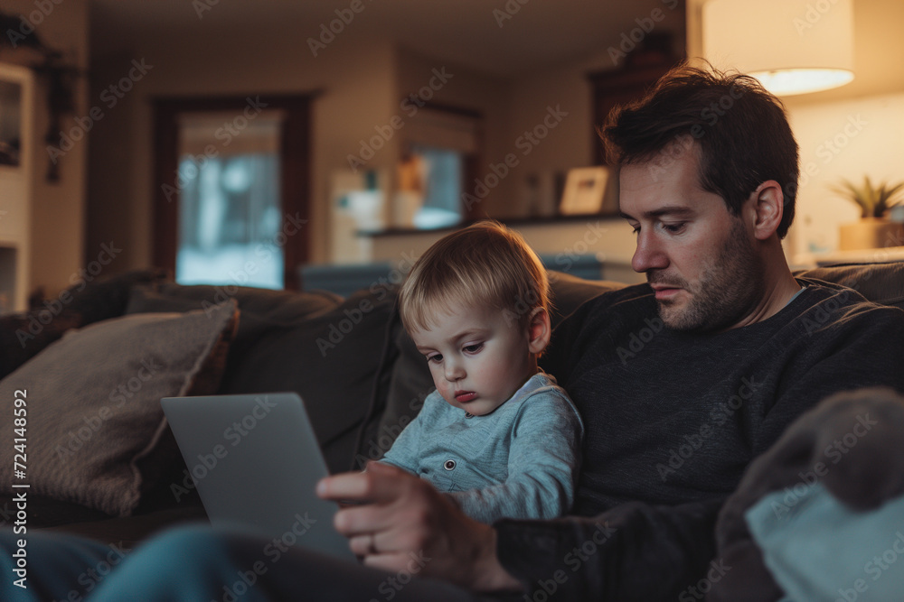 Man working from home on his laptop from the couch with his son on his lap in a contemporary living room Man working from home on his laptop from the couch with his son on his lap in a contemporary living room