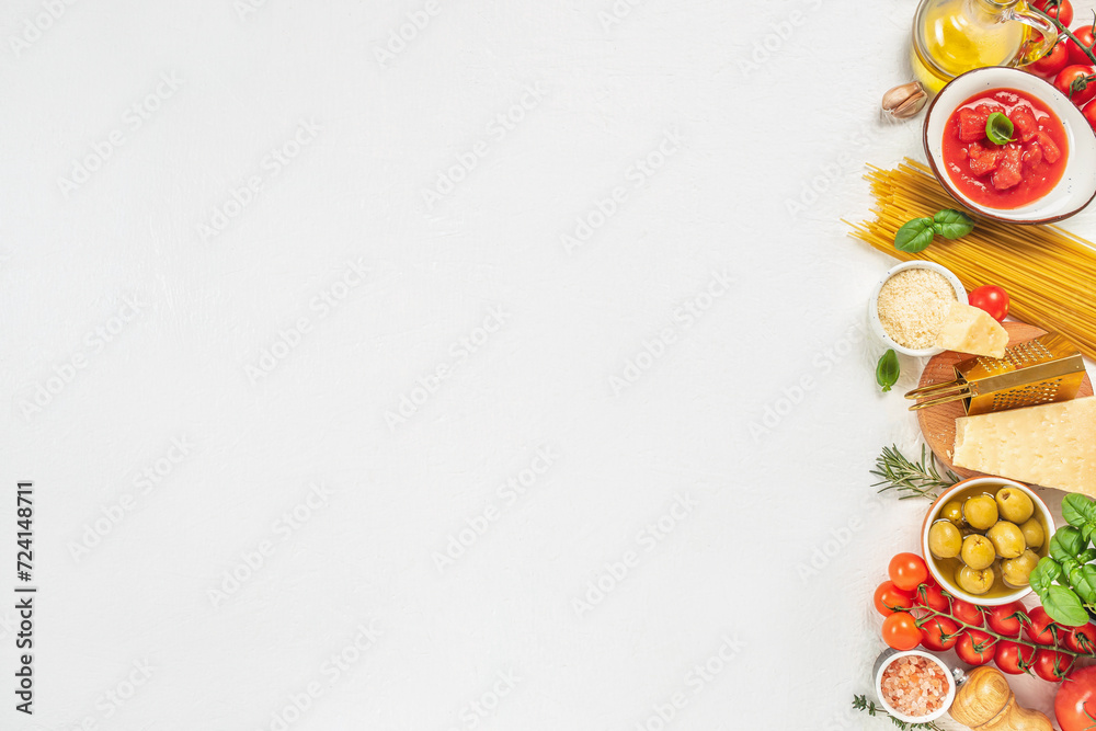pasta and ingredients for cooking on white background, italian cuisine concept