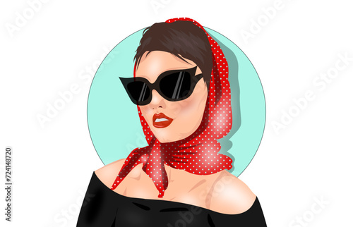 Girl with dark hair wearing glasses and a red polka dot scarf