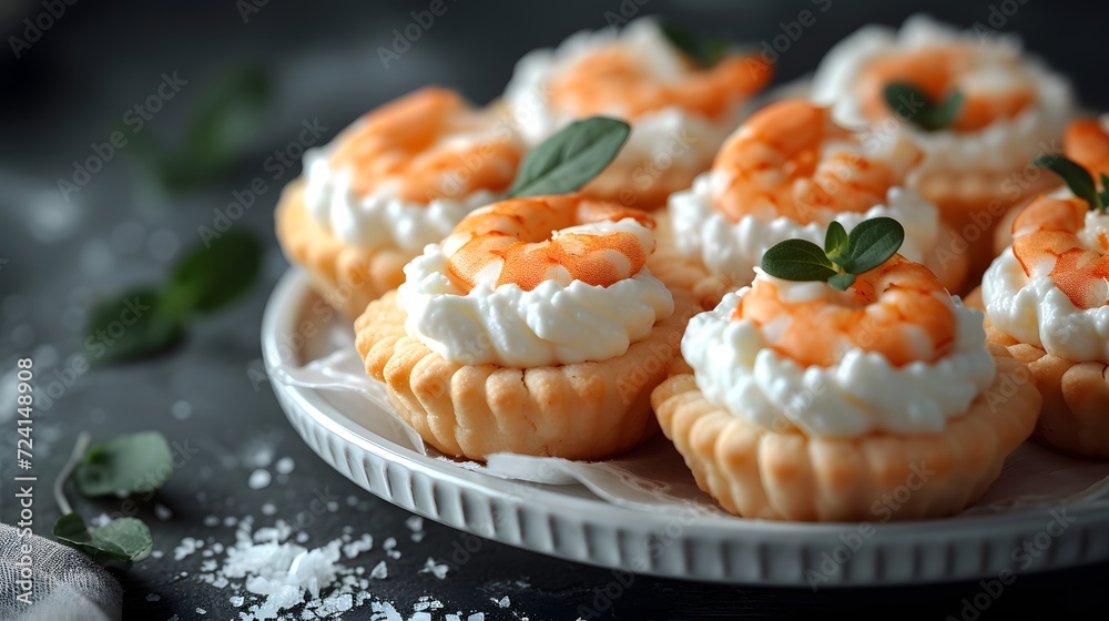 A prawn canape on a white old table, top view, macro, light background A prawn canape on a white old table, top view, macro, light background