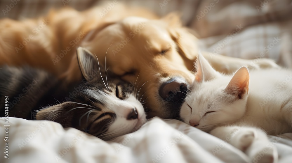 Obraz premium A cat and dog sleeping cosily together. Puppy and kitten sleeping