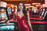 Young beautiful brunette woman in red dress smiling happy and confident. Standing with smile on face around lots of slot machine at casino. Generative Ai