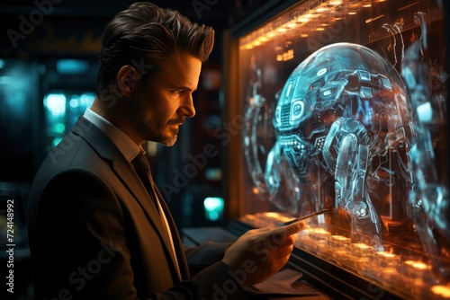 businessman in office shows holographic artificial intelligence. science , new future technology, futuristic and technology concept.