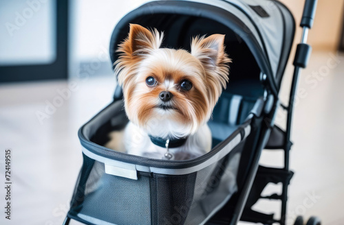 small dog is sitting in a pet stroller in corridor of veterinary clinic on blurred background photo