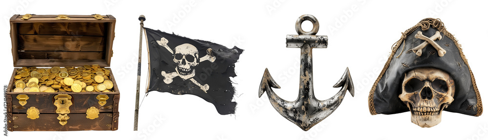 Naklejka premium Pirate Paraphernalia: Hat-topped Skull, Anchor, Pirate’s Flag, and Treasure Chest, Isolated on Transparent Background, PNG
