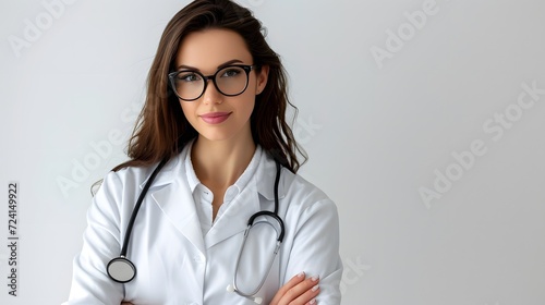 Female doctor with stethoscope and with her arms folded. Copy space