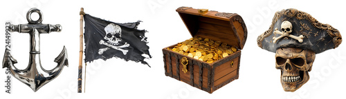 Skull with Hat, Anchor, Pirate Flag, and Treasure Chest: An Array of Pirate Elements, Isolated on Transparent Background, PNG
