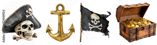 Collection of Pirate Items: Skull donning a Hat, Anchor, Pirate Flag, and Treasure Chest, Isolated on Transparent Background, PNG photo
