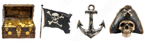 Pirate Paraphernalia: Hat-topped Skull, Anchor, Pirate’s Flag, and Treasure Chest, Isolated on Transparent Background, PNG