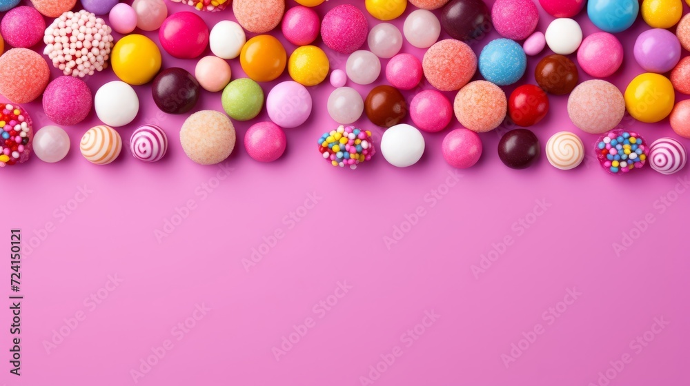 Colorful candies on pink background. Top view with copy space Colorful candies on pink background. Top view with copy space