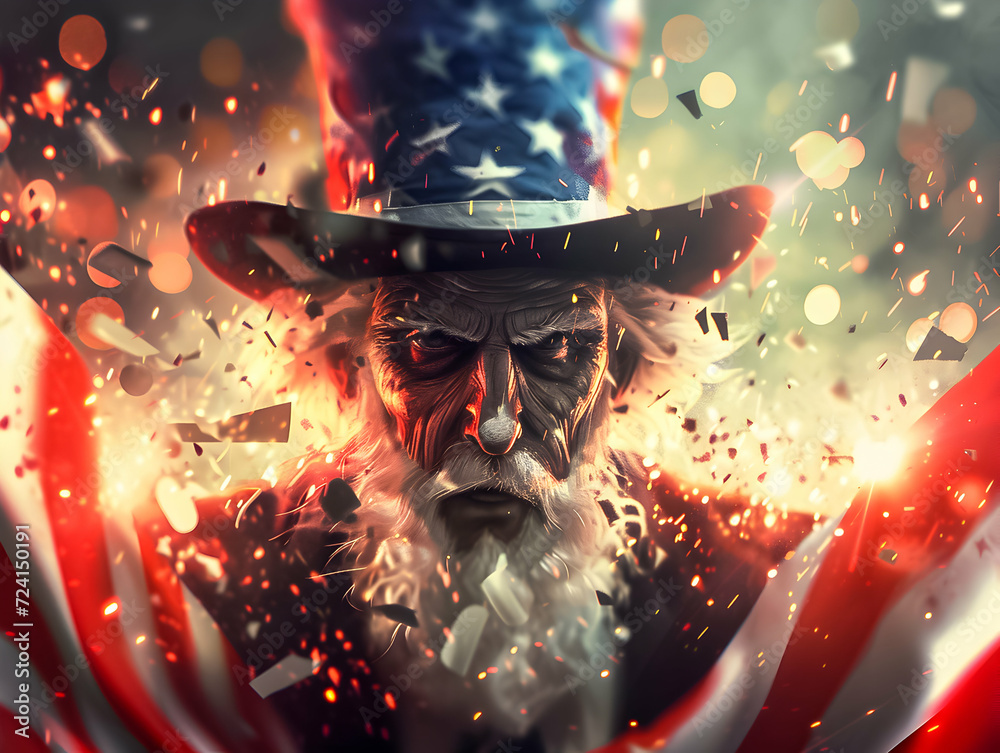 Patriotic artwork of Uncle Sam with American flag and sparkles.
