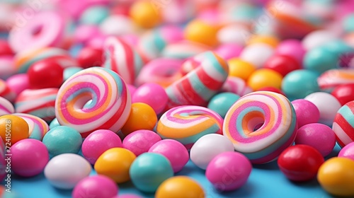 Colorful candies and jelly beans on blue background, closeup