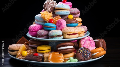 assorted donuts on a plate on a black background, closeup
