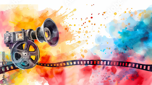 Vintage camera and film reel with vibrant watercolor splashes.