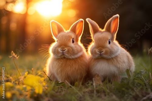 two cute American Fuzzy Lop rabbit, funny bunny on the grass. © MaskaRad