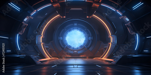 A futuristic scene with a blue light and a round door that says the sun    Technology futuristic background.