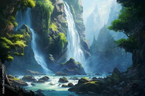 a landscape with a waterfall. streams of water flowing down the slope.