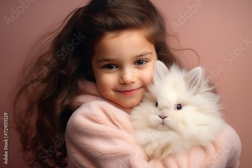 A beautiful girl is holding an American Fuzzy Lop rabbit, funny bunny.