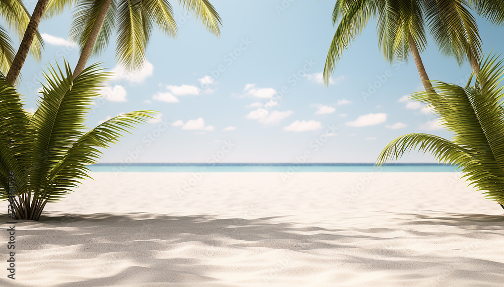 Summer white sand beach background. Framed copy space with palm trees and beautiful sea ocean landscape. Summertime holidays vacation. Luxury honeymoon trip to island beach resort. Tropical traveling.