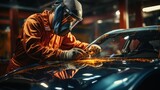 automobile repairman painter in protective work wear