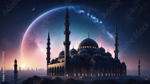 Starry Night Silhouette of a Big Mosque. Suitable for Ramadan concept, Islamic concept, Greeting card, Wallpaper, Background, Illustration, etc  © dreambender