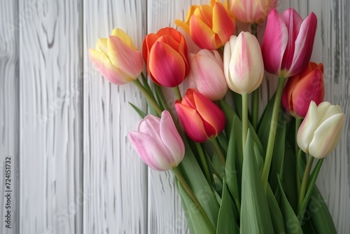 Beautiful tulip flower bouquet on white wooden background. Spring mockup, product display.