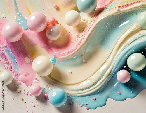 Pastel background with soft flowing creamy fluid waves and colourful pearl balls.