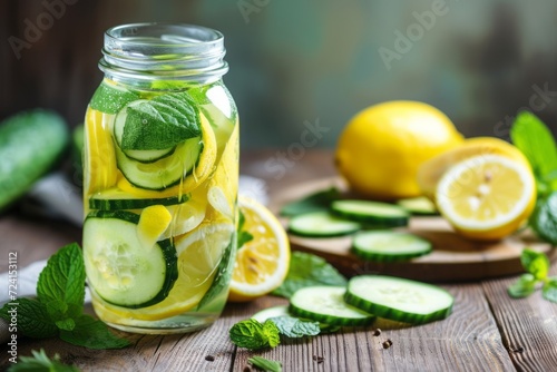 Infused water with cucumber and lemon in a glass jar. Detox, diet, healthy eating or weight loss.