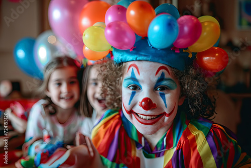 Children Dressed as Clowns Embracing Birthday Joy